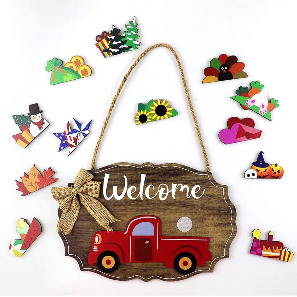 Welcome Sign. Country red Truck Decoration with 12 Interchangeable Holiday- NEW